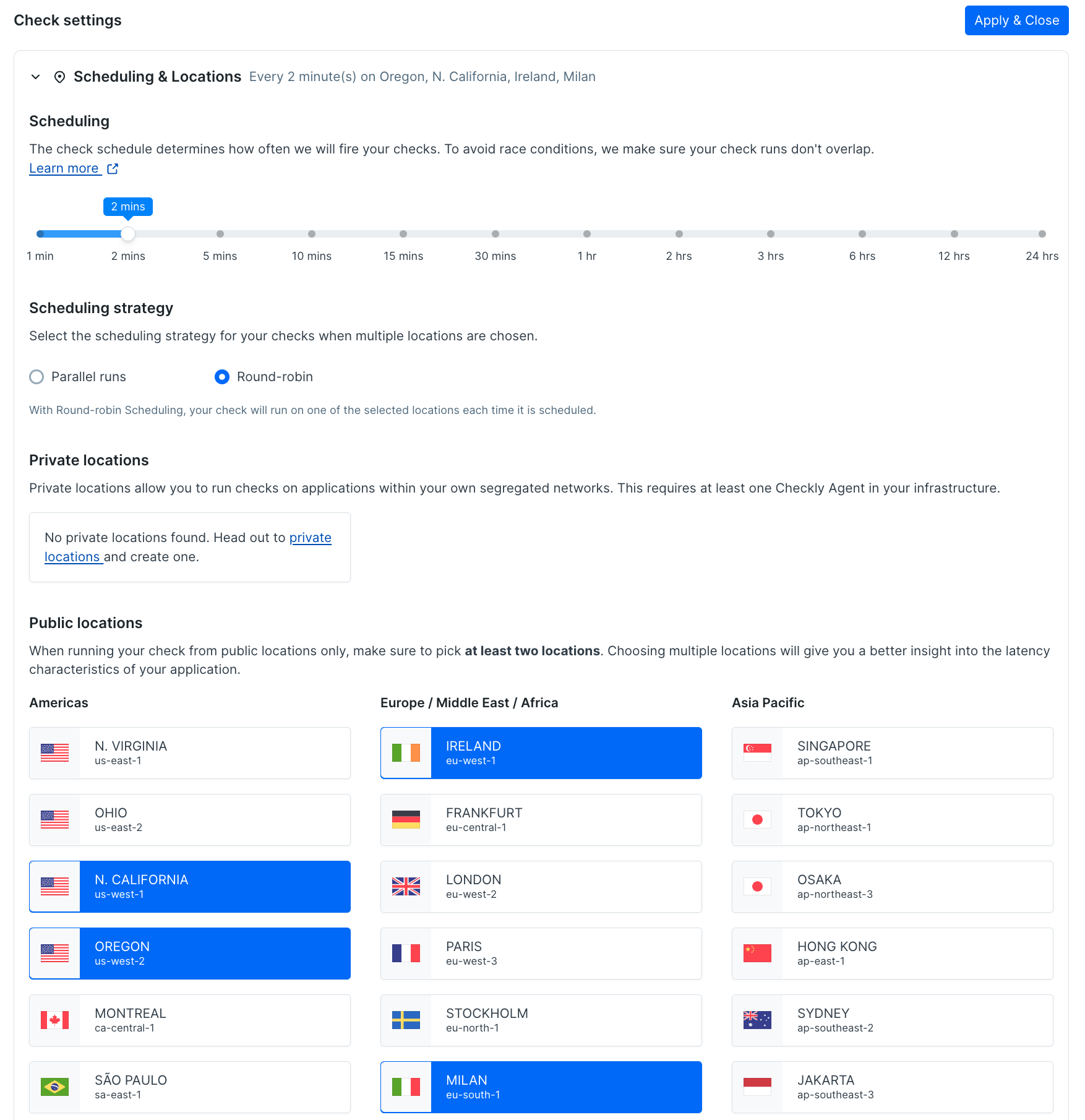 The checkly web UI with multiple frequency settings, described in the article text above